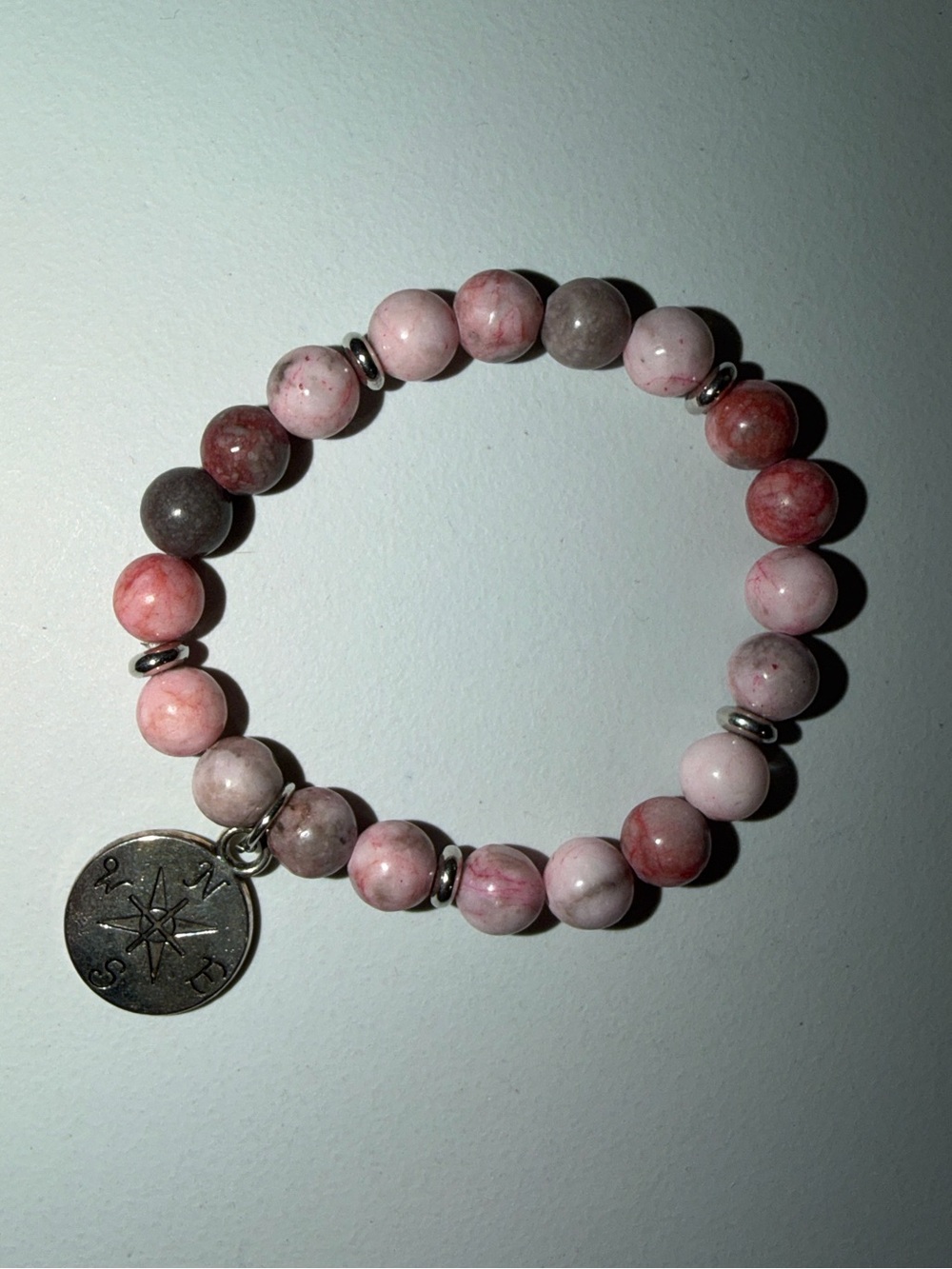 Hand Crafted natural rhodonite gemstones silver-toned compass charm bracelet